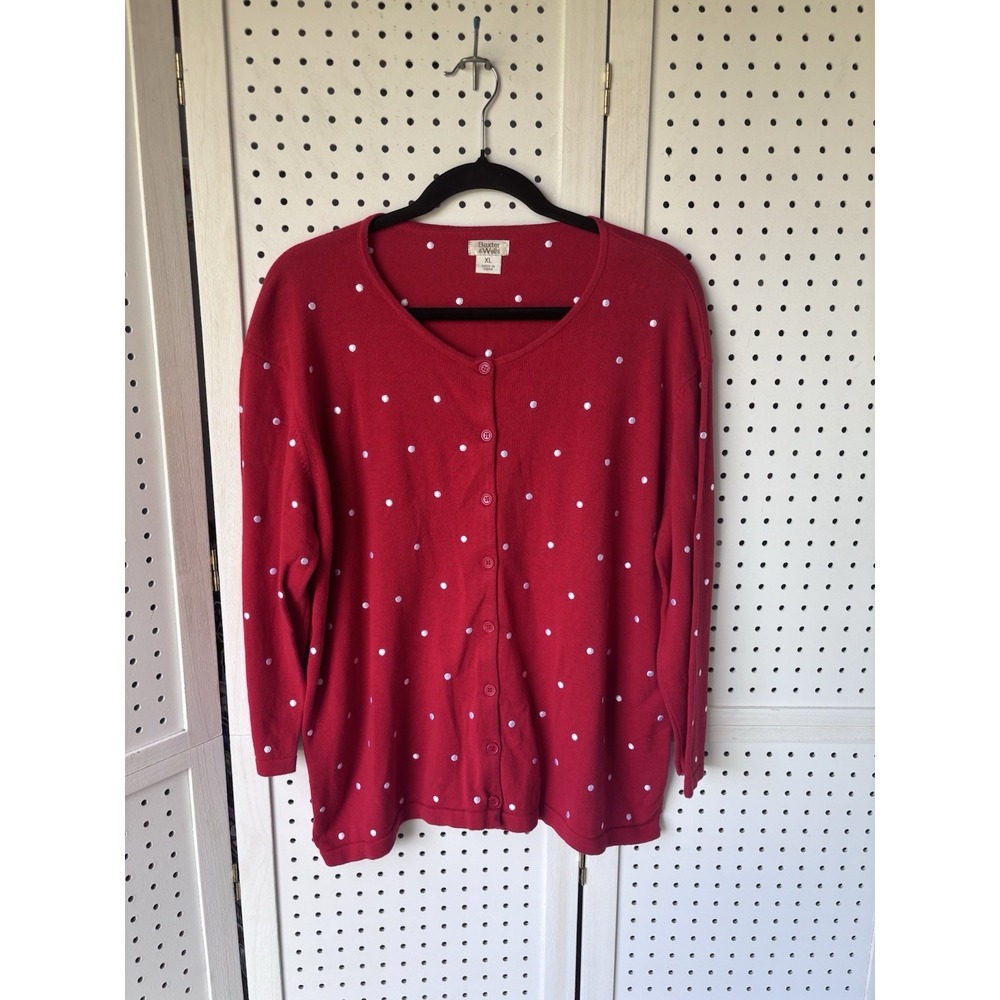 Baxter & Wells Women's XL Red Cardigan Sweater w/ White Polka Dot Cotton 3/4 SLV